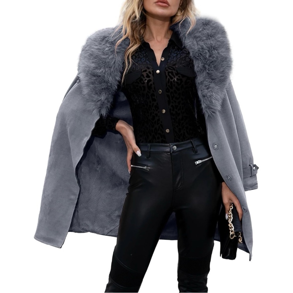 NWT Bellivera Faux Suede Coat With Detachable Faux Fur Collar Size XL